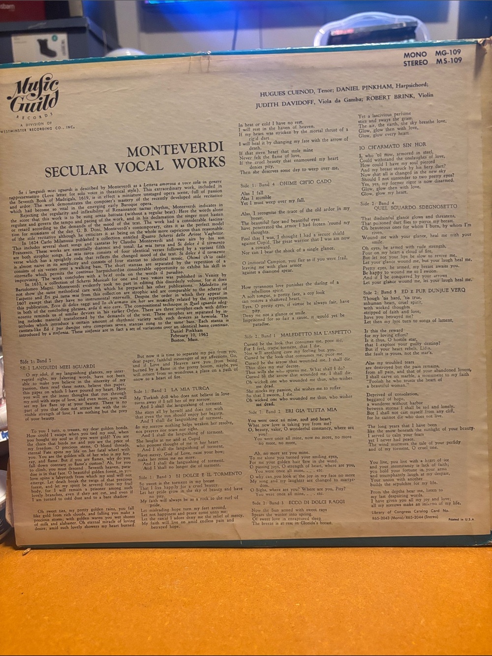 Monteverdi Secular Vocal Works Vinyl Record – Beige & Black
